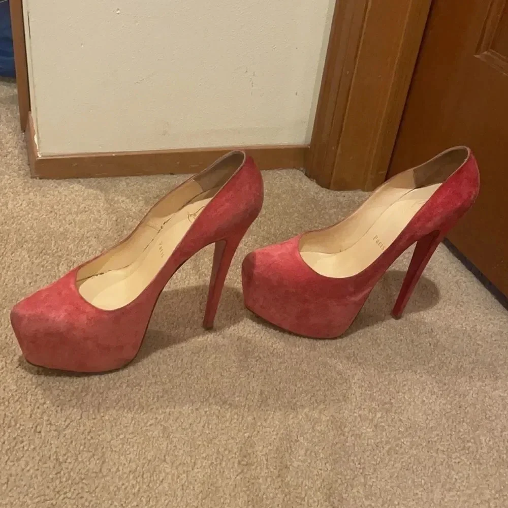 CHRISTIAN Louboutin suede pink platform stilettos